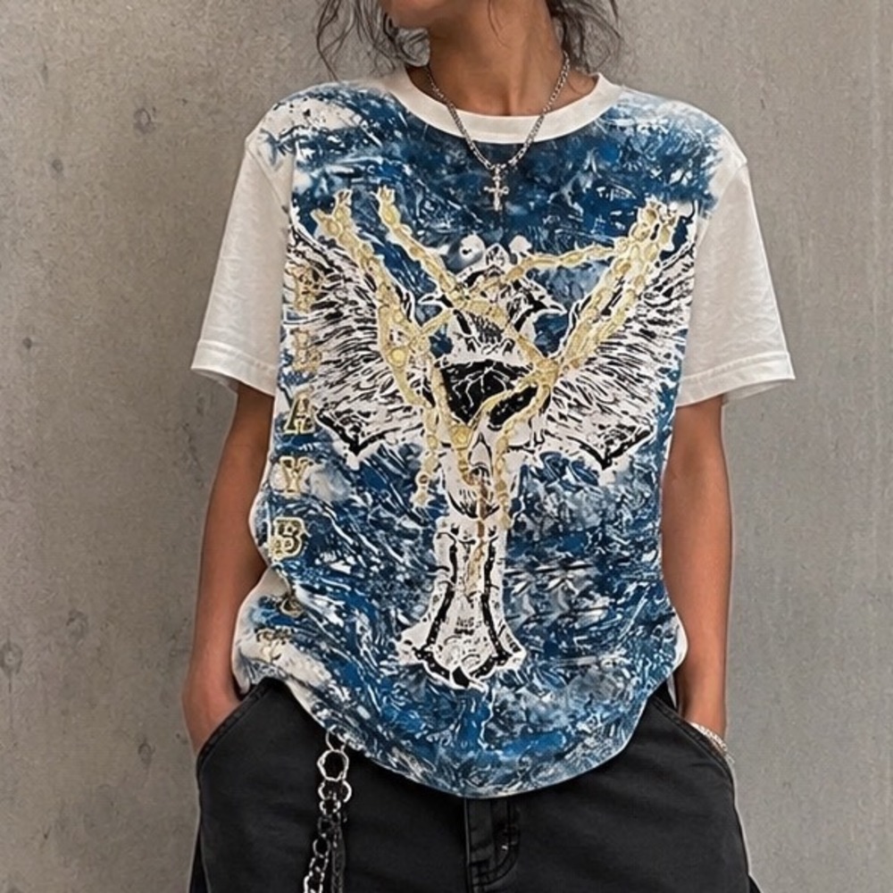 Playboy Graphic T Shirt Y2K Skull Wings Gold Foil Blue Marble Wash Large s1